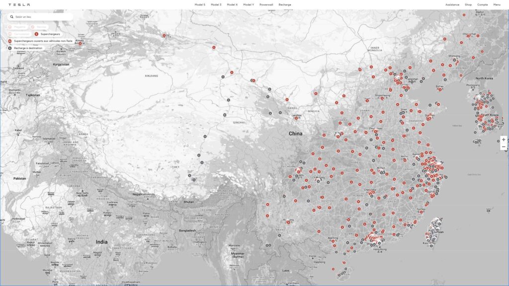 Carte des points de recharge Tesla // Source : Capture du site Tesla Carte des points de recharge Tesla // Source : Capture du site Tesla