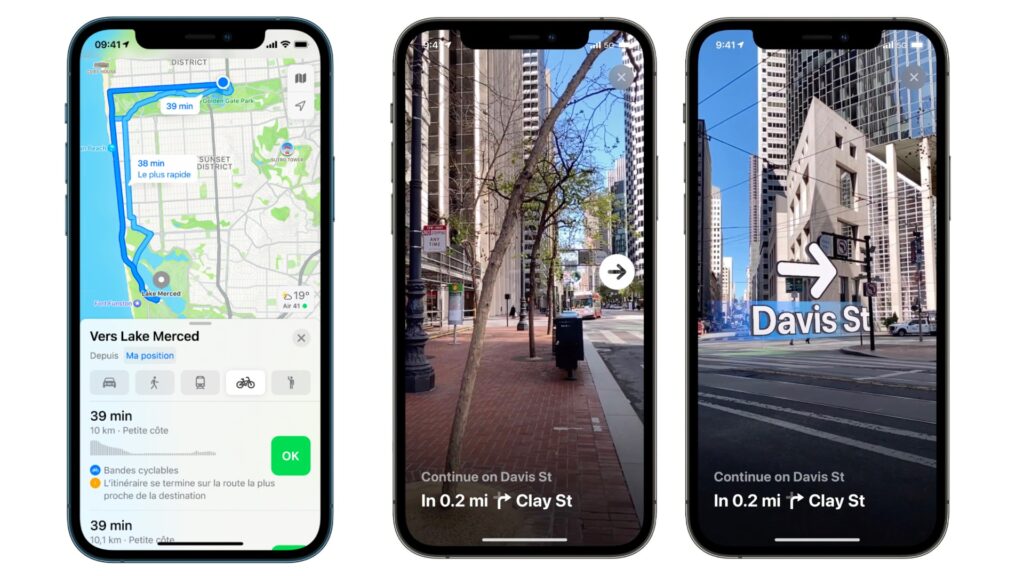 Le vélo et la réalité augmentée, deux fonctions phares d'Apple Maps aux États-Unis, ne sont pas disponibles en France. // Source : Apple Le vélo et la réalité augmentée, deux fonctions phares d'Apple Maps aux États-Unis, ne sont pas disponibles en France. // Source : Apple