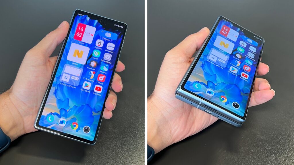 En mode smartphone, le Vivo X Fold arbore un grand écran de 6,53 pouces. // Source : Numerama En mode smartphone, le Vivo X Fold arbore un grand écran de 6,53 pouces. // Source : Numerama