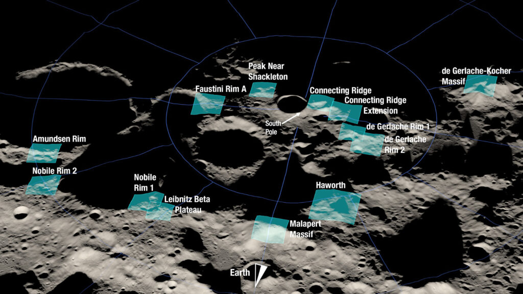 Les 13 sites possibles pour l'atterrissage lunaire de la mission Artémis III. // Source : Nasa Les 13 sites possibles pour l'atterrissage lunaire de la mission Artémis III. // Source : Nasa