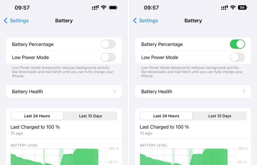 L'affichage du pourcentage de la batterie sous iOS 16 (n'oubliez pas que le haut est caché par l'encoche). // Source : Captures Numerama L'affichage du pourcentage de la batterie sous iOS 16 (n'oubliez pas que le haut est caché par l'encoche). // Source : Captures Numerama