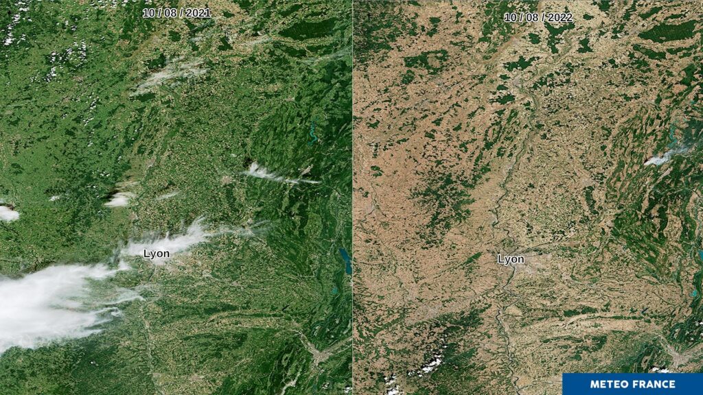 La région lyonnaise le 10 août 2021 vs. le 10 août 2022. // Source : Météo-France La région lyonnaise le 10 août 2021 vs. le 10 août 2022. // Source : Météo-France