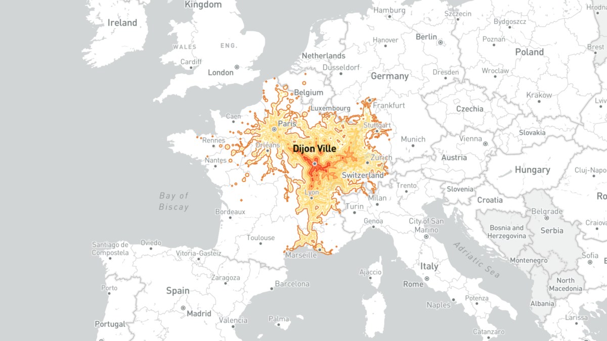 Les destinations depuis Dijon, à moins de 5 heures de train. // Source : Capture d'écran Chronotrains Les destinations depuis Dijon, à moins de 5 heures de train. // Source : Capture d'écran Chronotrains