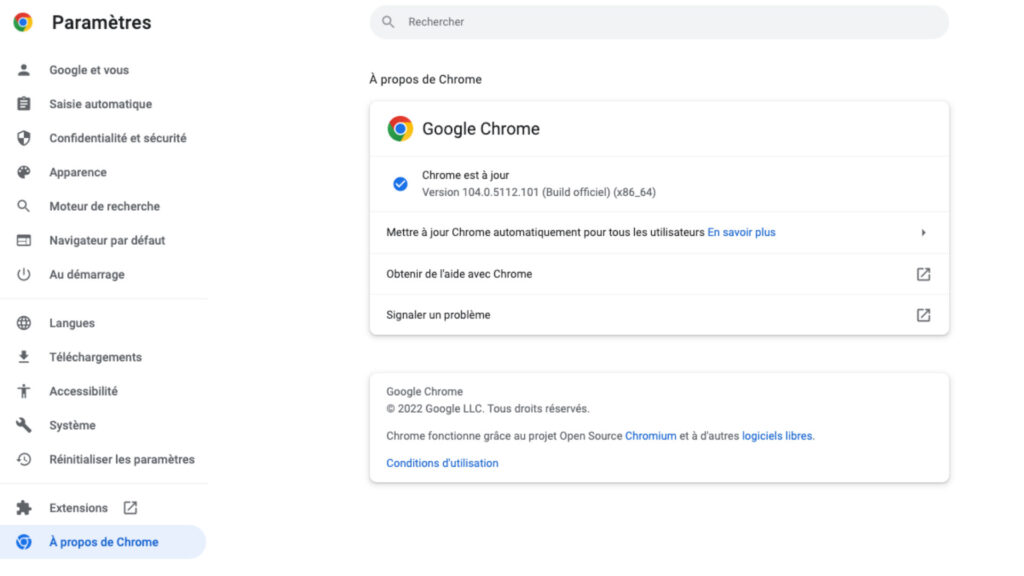 Le navigateur est à jour. // Source : Capture d'écran Google Chrome sous Mac