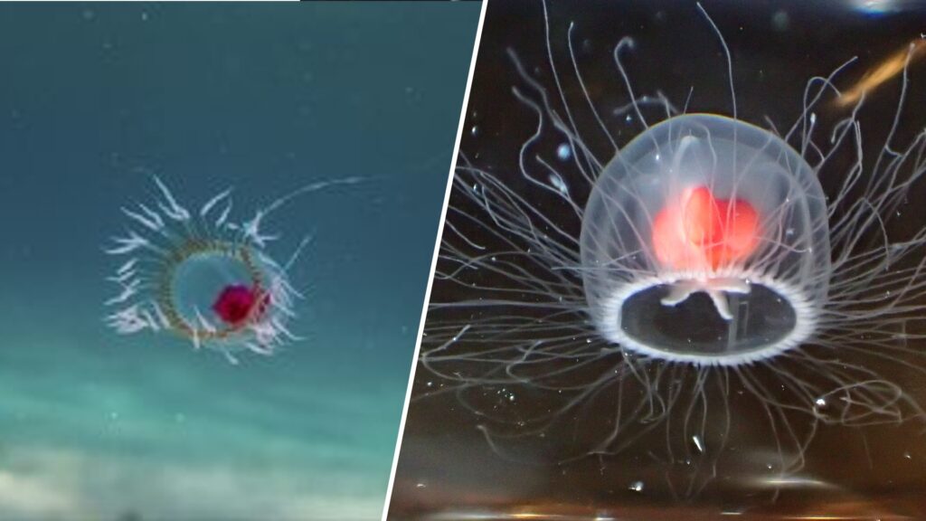 Les méduses T.Dohnrii (à gauche) disposent de l'immortalité biologique, mais pas les T.Rubra (à droite). // Source : Wikimédias Les méduses T.Dohnrii (à gauche) disposent de l'immortalité biologique, mais pas les T.Rubra (à droite). // Source : Wikimédias