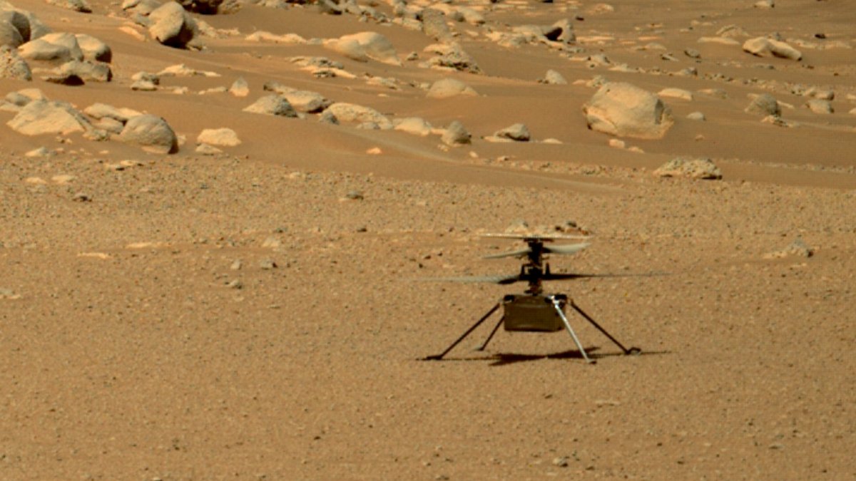 Ingenuity sur Mars en juin 2021. // Source : NASA/JPL-Caltech/ASU/MSSS (photo recadrée) Ingenuity sur Mars en juin 2021. // Source : NASA/JPL-Caltech/ASU/MSSS (photo recadrée)
