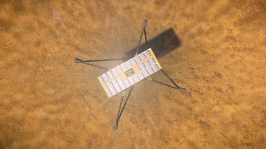 Ingenuity sur Mars, vue d'artiste. // Source : Capture d'écran YouTube Nasa Jet Propulsion Laboratory Ingenuity sur Mars, vue d'artiste. // Source : Capture d'écran YouTube Nasa Jet Propulsion Laboratory