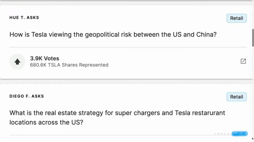 Les actionnaires posent des questions sensibles // Source : Capture du live Tesla Les actionnaires posent des questions sensibles // Source : Capture du live Tesla