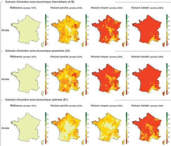 Projections de la sécheresse en France selon 3 scénarios. // Source : MétéoFrance/ClimSec Projections de la sécheresse en France selon 3 scénarios. // Source : MétéoFrance/ClimSec