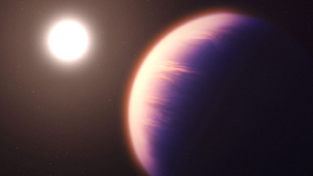 Représentation artistique de ce à quoi ressemblerait WASP-39 b, géante gazeuse chaude. // Source : Space Telescope Science Institute Représentation artistique de ce à quoi ressemblerait WASP-39 b, géante gazeuse chaude. // Source : Space Telescope Science Institute