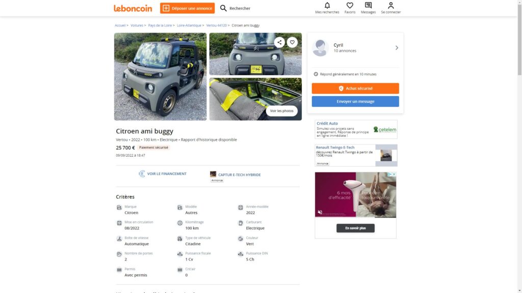 Citroen Ami Buggy en vente sur leboncoin // Source : Capture du site Leboncoin Citroen Ami Buggy en vente sur leboncoin // Source : Capture du site Leboncoin