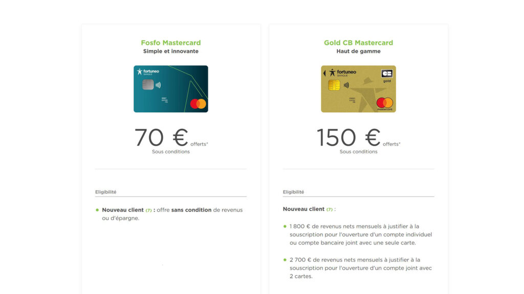 Fosfo Mastercard ou Gold CB, choisissez l'offre qui vous correspond // Source : Fortuneo Fosfo Mastercard ou Gold CB, choisissez l'offre qui vous correspond // Source : Fortuneo