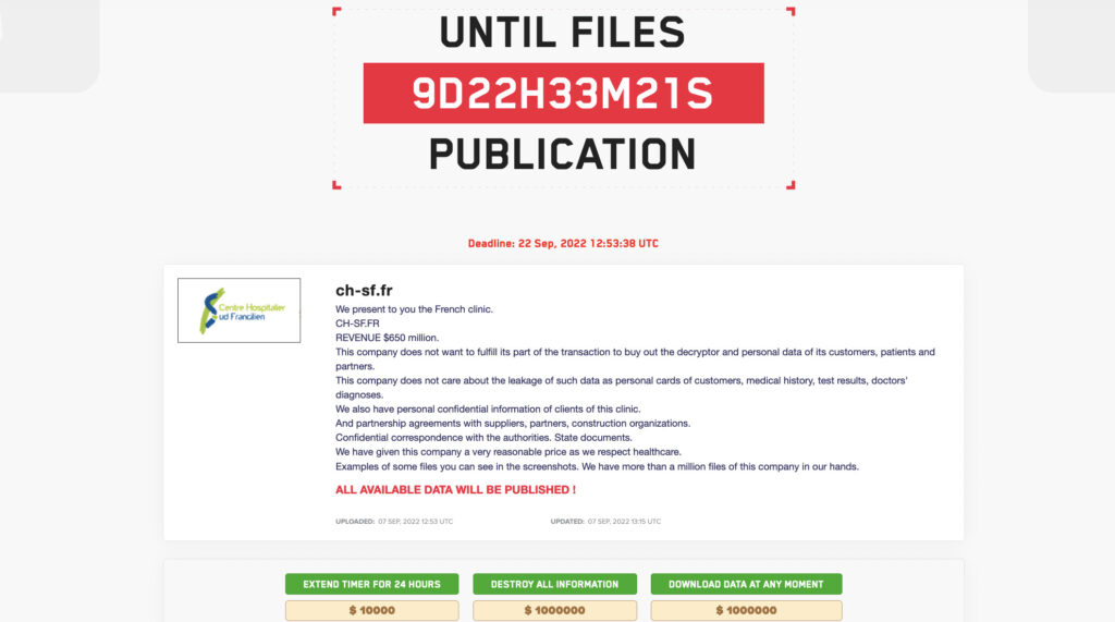 L'annonce sur le site de Lockbit demandant un millions de dollars sinon des informations privées sur les patients seront dévoilées. // Source : Numerama