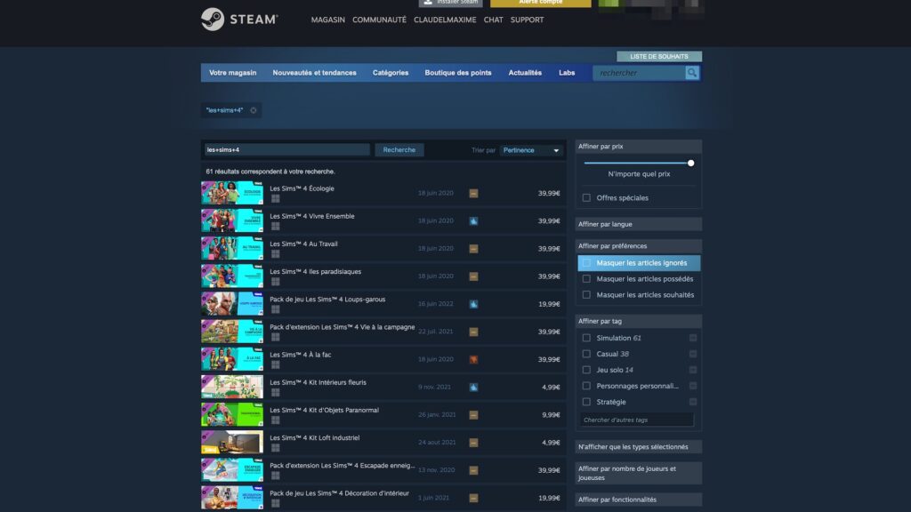 Les DLC de Les Sims 4 sur Steam // Source : Capture d'écran Les DLC de Les Sims 4 sur Steam // Source : Capture d'écran