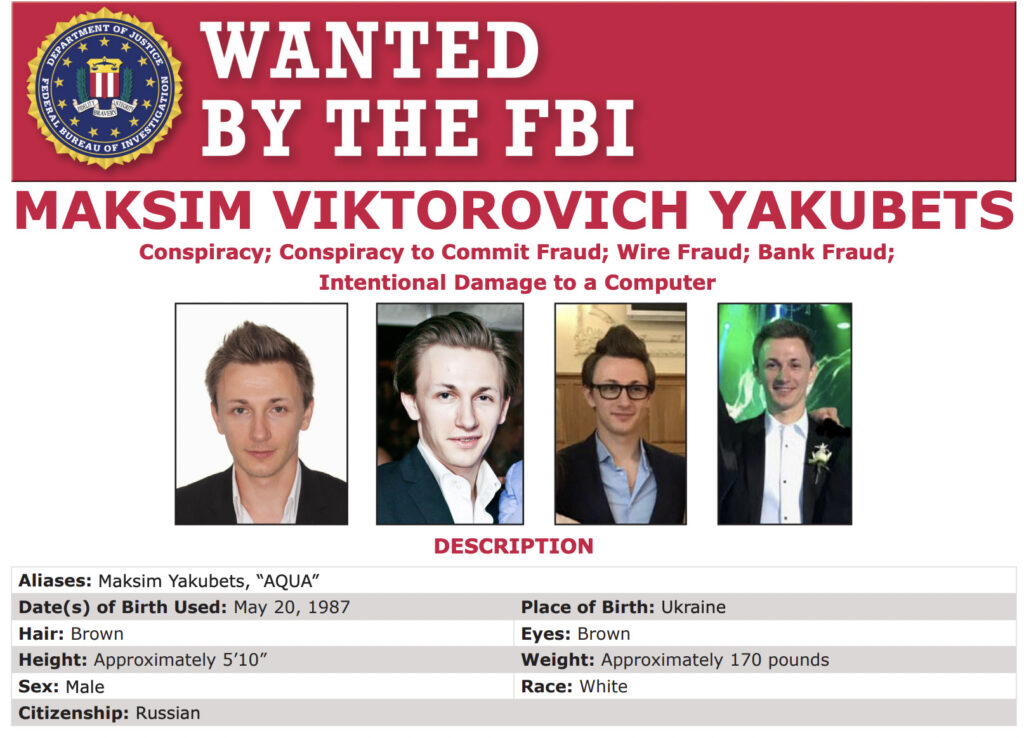 Maksim Yakubets est recherché par le FBI depuis 2019 pour plusieurs cyberattaques, dont une menée contre Apple. // Source : FBI Maksim Yakubets est recherché par le FBI depuis 2019 pour plusieurs cyberattaques, dont une menée contre Apple. // Source : FBI