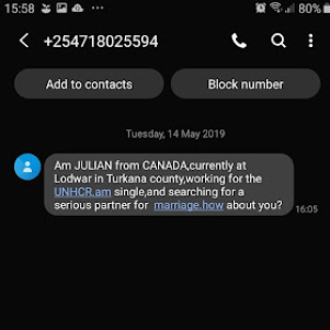 Un exemple de message d'arnaque où l'escroc se fait passer pour un membre d'une ONG à la recherche d'une relation au Kenya. // Source : Patricia Musomba