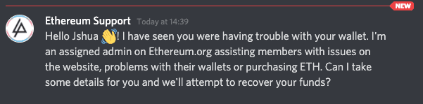 Un exemple de faux message. // Source : Capture de la page d'avertissement d'Ethereum.org Un exemple de faux message. // Source : Capture de la page d'avertissement d'Ethereum.org