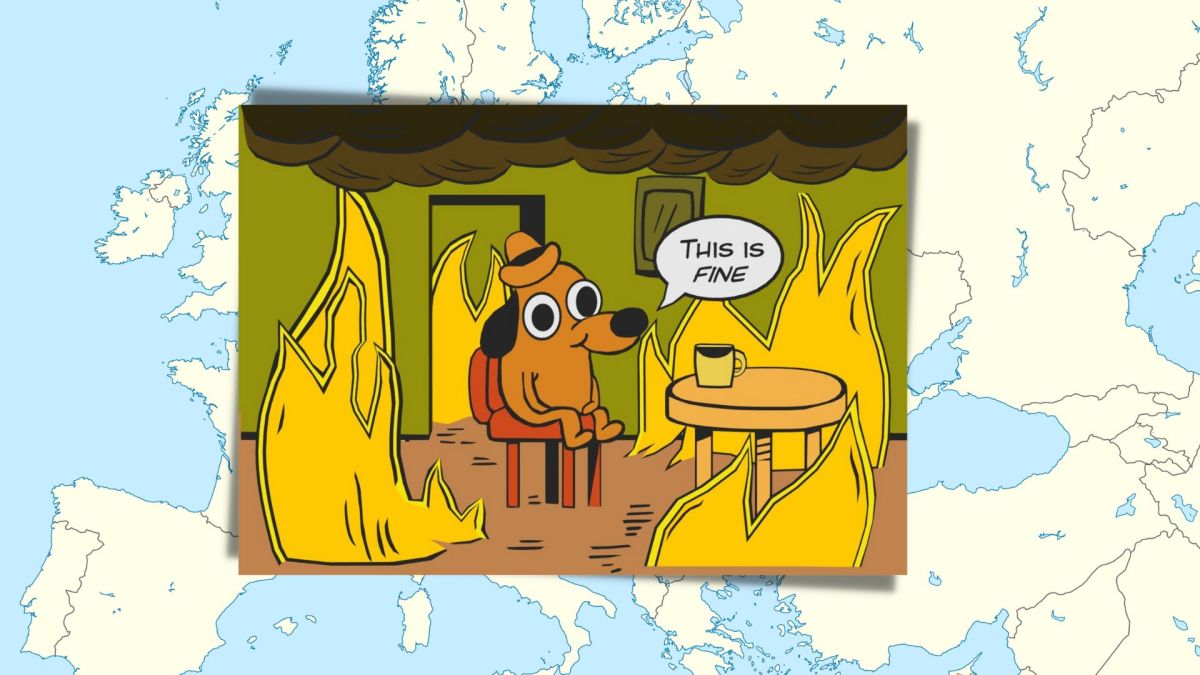 This is fine... Europe edition // Source : Wikimedia/CC/Uselessburner ; Alexrk2 (montage Numerama) This is fine... Europe edition // Source : Wikimedia/CC/Uselessburner ; Alexrk2 (montage Numerama)