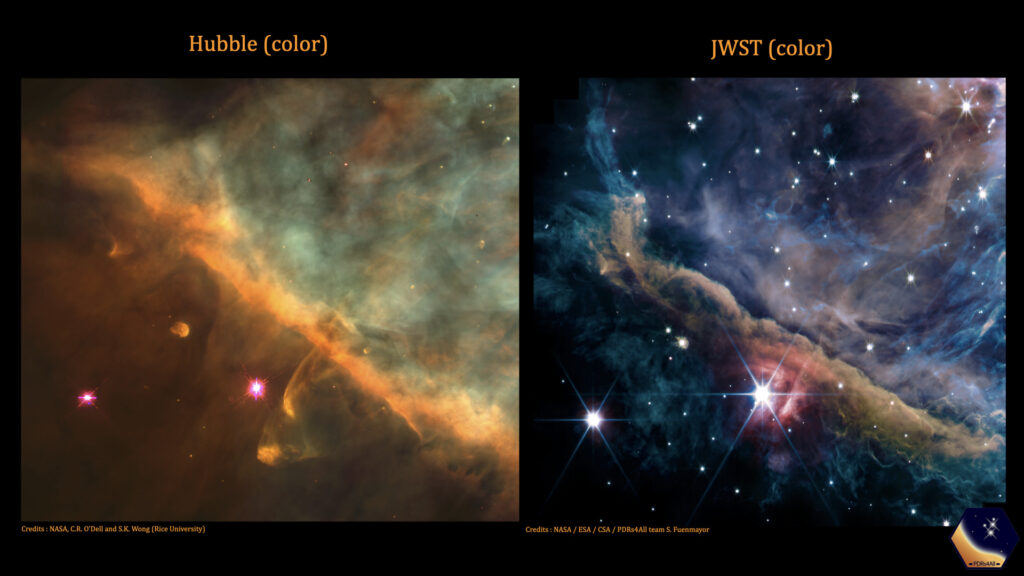La nébuleuse d'Orion vue par Hubble (à gauche) et par James Webb (à droite). // Source : NASA, ESA, CSA, PDRs4All ERS Team La nébuleuse d'Orion vue par Hubble (à gauche) et par James Webb (à droite). // Source : NASA, ESA, CSA, PDRs4All ERS Team