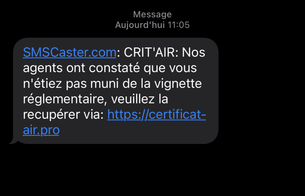Un SMS renvoyant vers un faux site Crit'air. // Source : Numerama Un SMS renvoyant vers un faux site Crit'air. // Source : Numerama