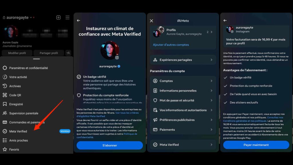 Les étapes pour s'abonner à Meta Verified // Source : Captures d'écran Numerama Les étapes pour s'abonner à Meta Verified // Source : Captures d'écran Numerama