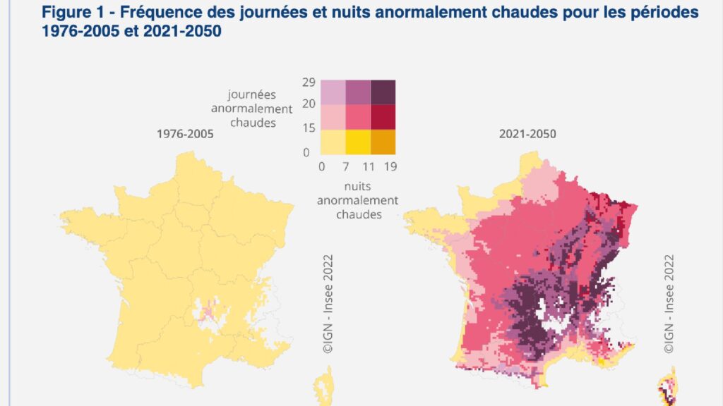Sur la période 2021-2050, il y aura en moyenne, chaque été en Île-de-France, de 16 à 20 journées et de 8 à 11 nuits anormalement chaudes. Avant 2005, la région subissait au maximum 15 journées et 7 nuits anormalement chaudes. // Source : MétéoFrance/Insee Sur la période 2021-2050, il y aura en moyenne, chaque été en Île-de-France, de 16 à 20 journées et de 8 à 11 nuits anormalement chaudes. Avant 2005, la région subissait au maximum 15 journées et 7 nuits anormalement chaudes. // Source : MétéoFrance/Insee
