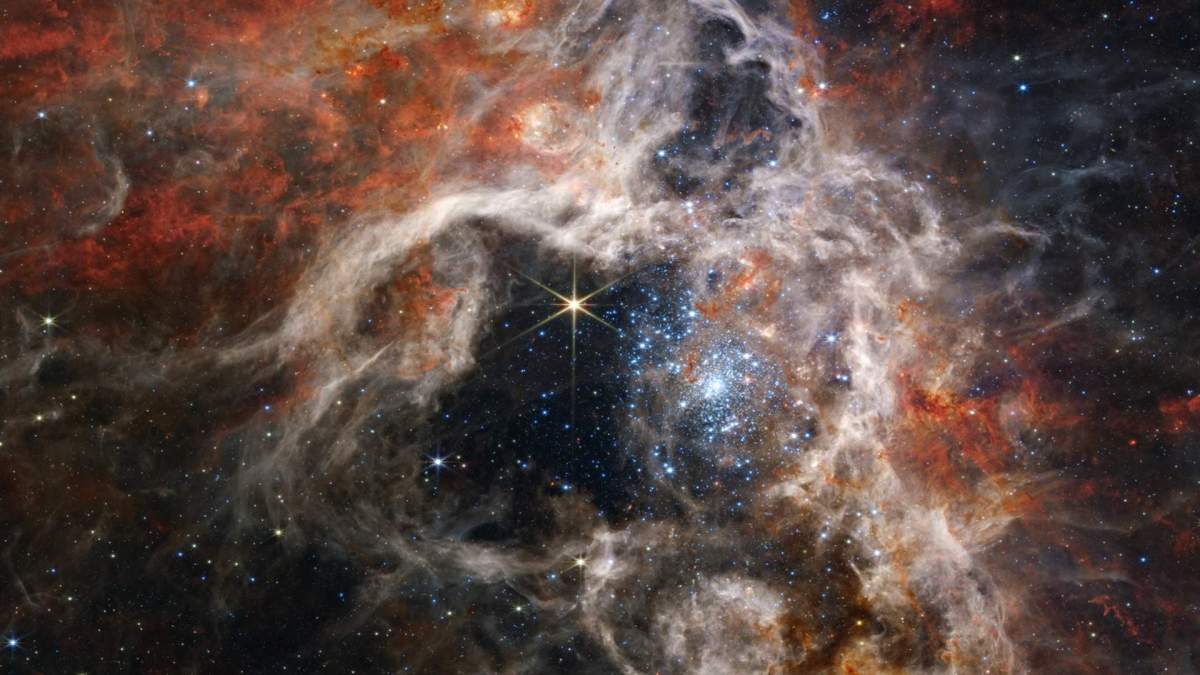 Nébuleuse de la Tarentule. // Source : NASA, ESA, CSA, STScI, Webb ERO Production Team (photo recadrée) Nébuleuse de la Tarentule. // Source : NASA, ESA, CSA, STScI, Webb ERO Production Team (photo recadrée)