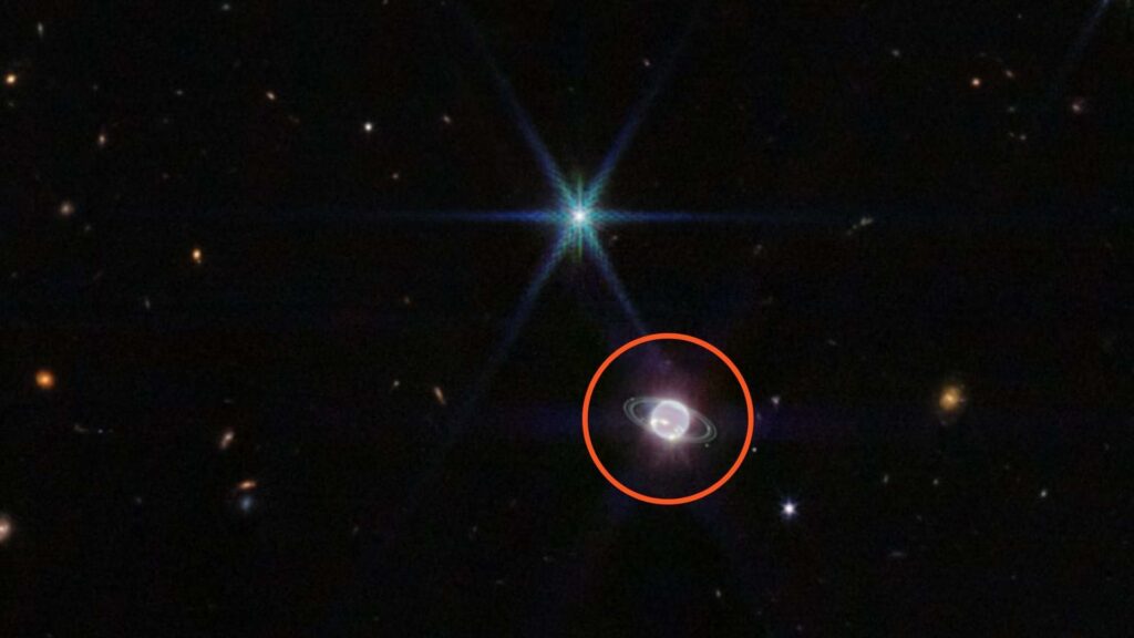 Zoom arrière dans l'image. Neptune est encerclée en rouge. // Source : Via Twitter @NASAWebb (photo recadrée et annotée) Zoom arrière dans l'image. Neptune est encerclée en rouge. // Source : Via Twitter @NASAWebb (photo recadrée et annotée)