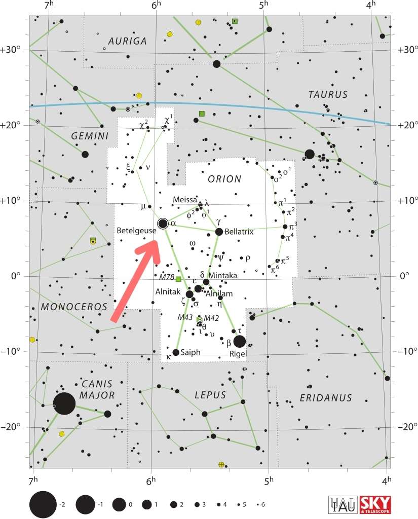 Position de Bételgeuse dans Orion. // Source : Wikimedia/CC/IAU and Sky & Telescope magazine (Roger Sinnott & Rick Fienberg) Position de Bételgeuse dans Orion. // Source : Wikimedia/CC/IAU and Sky & Telescope magazine (Roger Sinnott & Rick Fienberg)