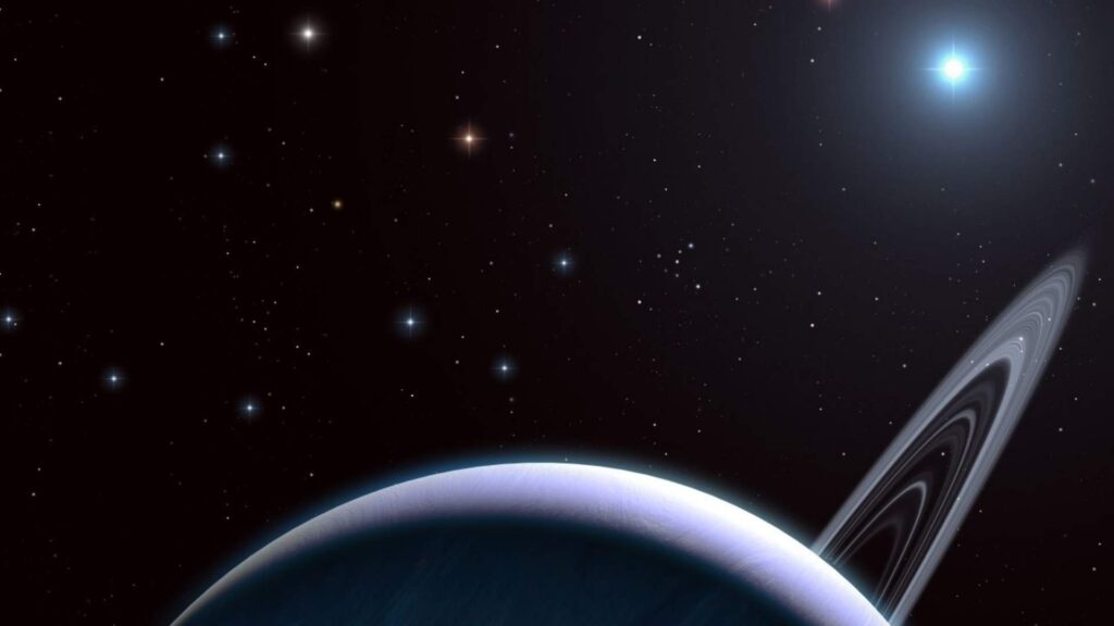 Exoplanète géante dérobée par une étoile, vue d'artiste. // Source : University of Sheffield Exoplanète géante dérobée par une étoile, vue d'artiste. // Source : University of Sheffield