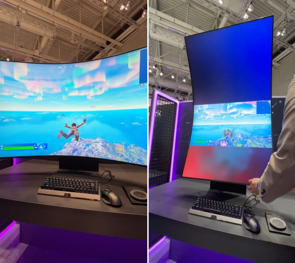 Le Samsung Odyssey Ark peut pivoter à 90 degrés. L'espace d'en haut permet d'afficher d'autres fenêtres. // Source : Numerama Le Samsung Odyssey Ark peut pivoter à 90 degrés. L'espace d'en haut permet d'afficher d'autres fenêtres. // Source : Numerama