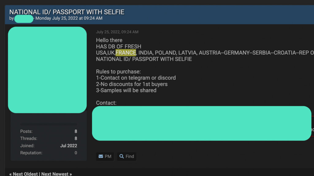 L'annonce de la vente de document d'identité sur un forum fréquenté par les hackers. // Source : Numerama L'annonce de la vente de document d'identité sur un forum fréquenté par les hackers. // Source : Numerama