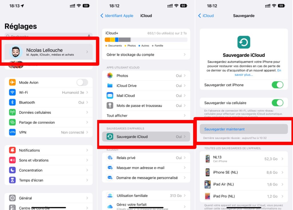 Les étapes pour réaliser une sauvegarde iCloud. // Source : Numerama Les étapes pour réaliser une sauvegarde iCloud. // Source : Numerama