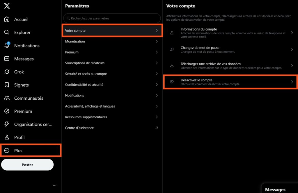 Supprimer compte X (twitter) // Source : Capture d'écran