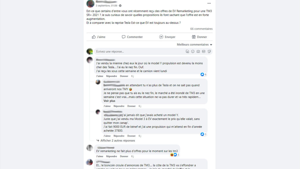 Plus-value de rachat Tesla // Source : Capture de groupe FB privé Plus-value de rachat Tesla // Source : Capture de groupe FB privé