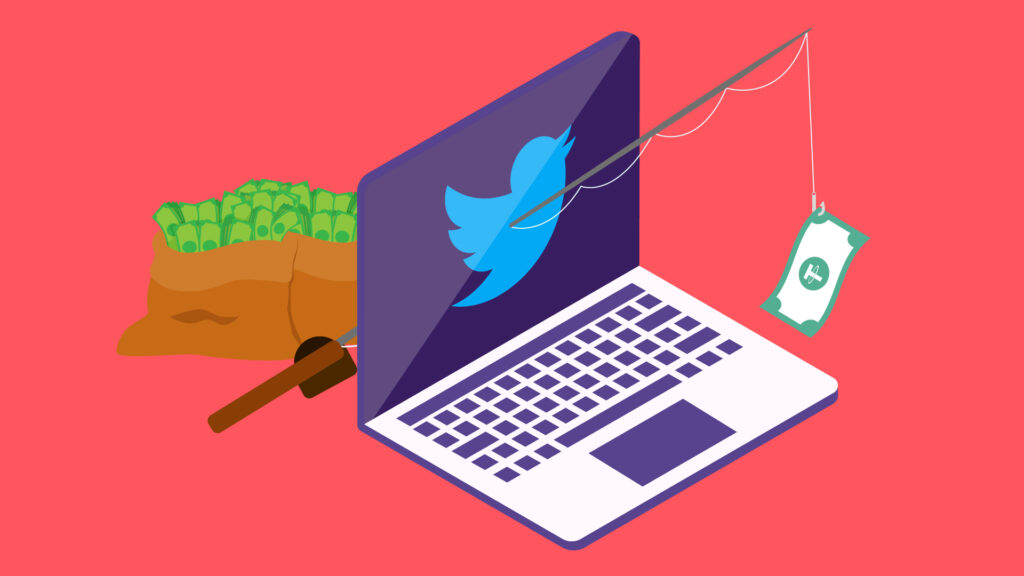 Des arnaques sur Twitter // Source : Nino Barbey pour Numerama / Laptop par Freepik Des arnaques sur Twitter // Source : Nino Barbey pour Numerama / Laptop par Freepik