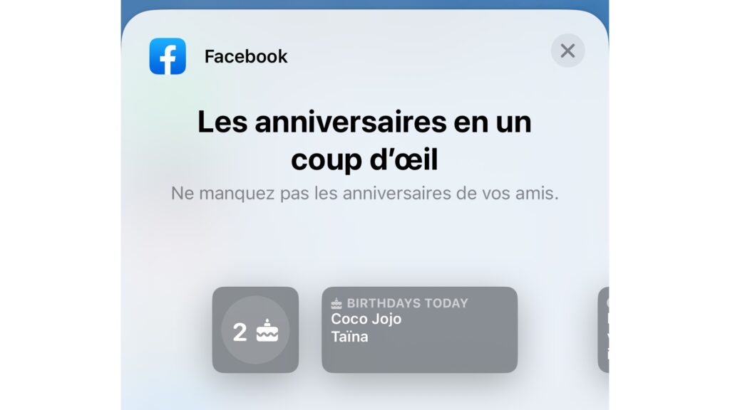 Les widgets de Facebook sont dédiés aux anniversaires. // Source : Numerama Les widgets de Facebook sont dédiés aux anniversaires. // Source : Numerama