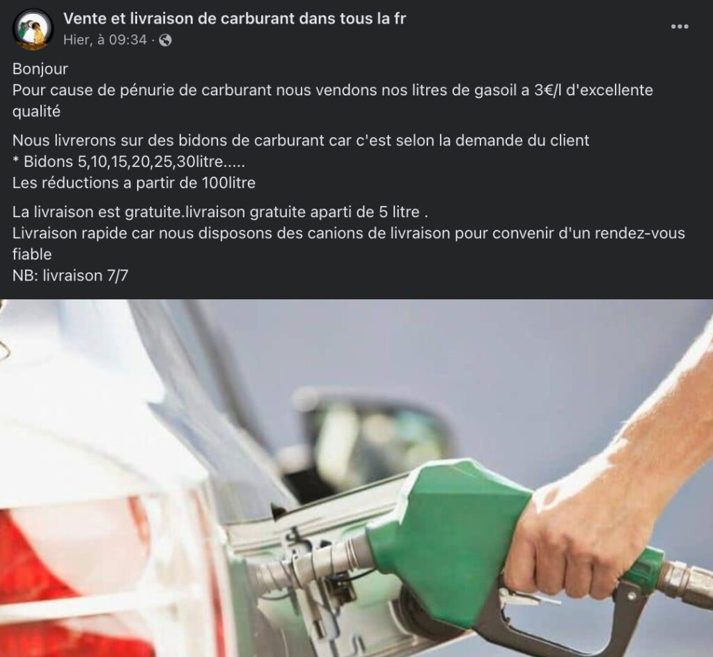 Cette publication sponsorisée sur Facebook vous propose d'acheter de l'essence, mais il s'agit d'une arnaque // Source : Capture d'écran Numerama Cette publication sponsorisée sur Facebook vous propose d'acheter de l'essence, mais il s'agit d'une arnaque // Source : Capture d'écran Numerama