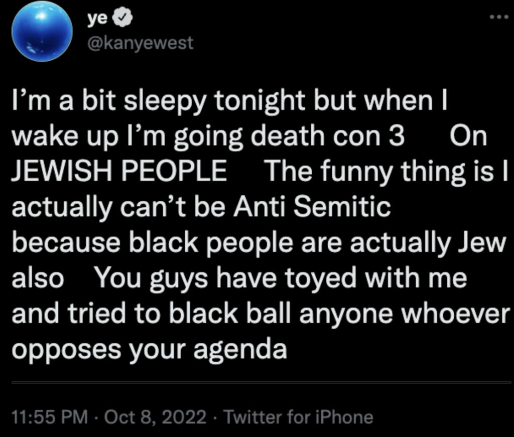 Le tweet qui a coûté sa place à Kanye West. // Source : Capture Numerama Le tweet qui a coûté sa place à Kanye West. // Source : Capture Numerama