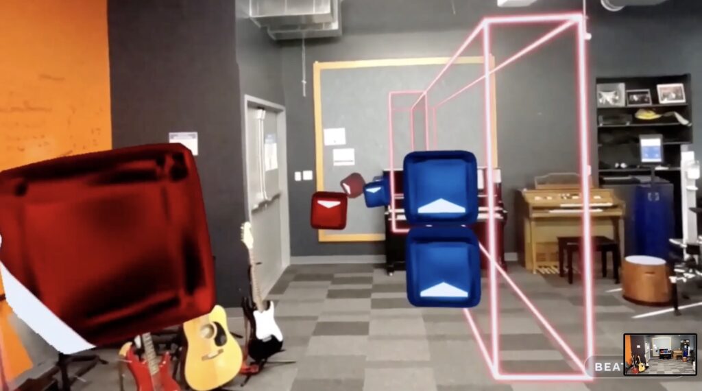Beat Saber en réalité mixte, avec des caméras qui reproduisent la réalité. // Source : Meta Beat Saber en réalité mixte, avec des caméras qui reproduisent la réalité. // Source : Meta