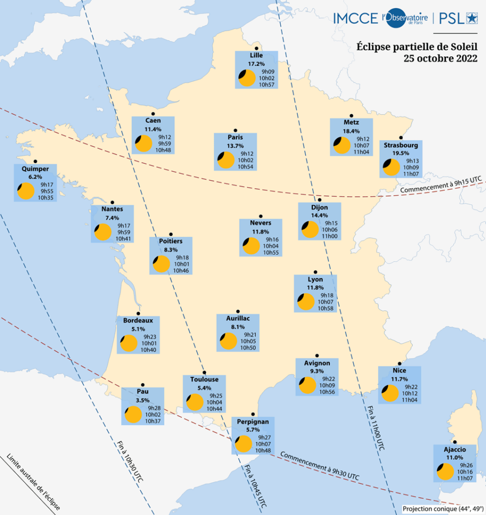 Visibilité de l'éclipse en France. // Source : IMCCE Visibilité de l'éclipse en France. // Source : IMCCE