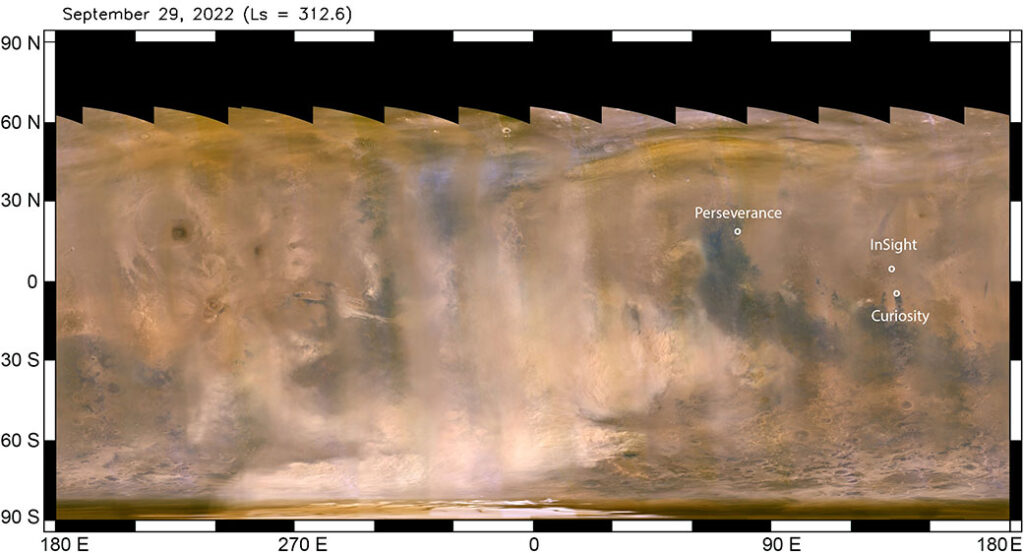 Les nuages beiges sont la tempête vue par MRO. // Source : NASA/JPL-Caltech/MSSS Les nuages beiges sont la tempête vue par MRO. // Source : NASA/JPL-Caltech/MSSS