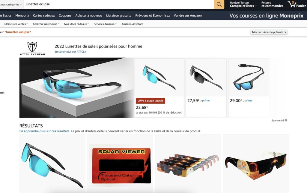 Une recherche "lunettes éclipse" sur Amazon.fr le 24 octobre 2022 Une recherche "lunettes éclipse" sur Amazon.fr le 24 octobre 2022