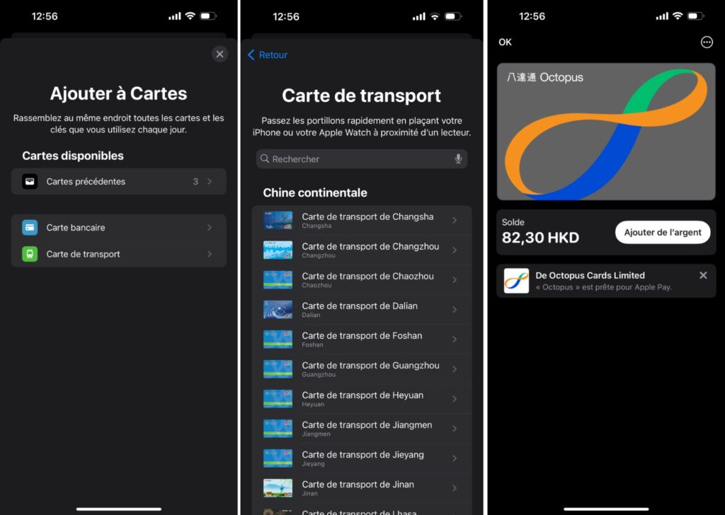 L'ajout d'une carte de transport dans Apple Wallet, ici avec la carte Octopus d'Hong-Kong. On pourra faire pareil avec le passe Navigo, avec quelques titres vendus à l'unité. // Source : Captures Numerama L'ajout d'une carte de transport dans Apple Wallet, ici avec la carte Octopus d'Hong-Kong. On pourra faire pareil avec le passe Navigo, avec quelques titres vendus à l'unité. // Source : Captures Numerama
