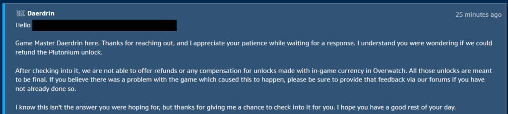 La réponse de Blizzard. // Source : Via Reddit/Raindrac La réponse de Blizzard. // Source : Via Reddit/Raindrac