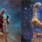 Les piliers de la création, vues de Hubble et de James Webb. // Source : NASA, ESA, CSA, STScI, Hubble Heritage Project (STScI, AURA) Les piliers de la création, vues de Hubble et de James Webb. // Source : NASA, ESA, CSA, STScI, Hubble Heritage Project (STScI, AURA)