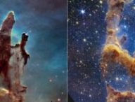 Les piliers de la création, vues de Hubble et de James Webb. // Source : NASA, ESA, CSA, STScI, Hubble Heritage Project (STScI, AURA) Les piliers de la création, vues de Hubble et de James Webb. // Source : NASA, ESA, CSA, STScI, Hubble Heritage Project (STScI, AURA)