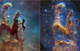 Les piliers de la création, vues de Hubble et de James Webb. // Source : NASA, ESA, CSA, STScI, Hubble Heritage Project (STScI, AURA) 