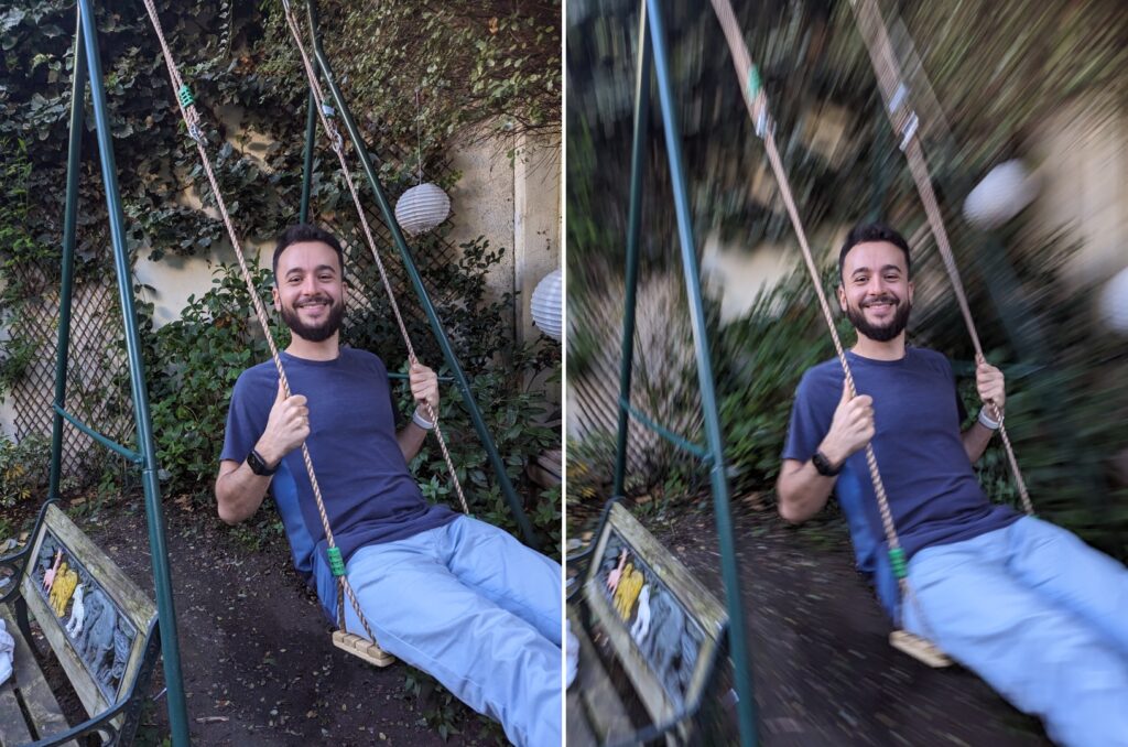 À gauche, voici la photo sans effet. À droite, le Pixel a appliqué un filtre « Mouvement » pour créer un effet impossible à obtenir sur un smartphone. // Source : Numerama À gauche, voici la photo sans effet. À droite, le Pixel a appliqué un filtre « Mouvement » pour créer un effet impossible à obtenir sur un smartphone. // Source : Numerama