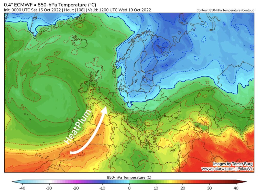 L'air chaud aspiré vers le nord, une « plume de chaleur ». // Source : Via Twitter @cassouman40 L'air chaud aspiré vers le nord, une « plume de chaleur ». // Source : Via Twitter @cassouman40